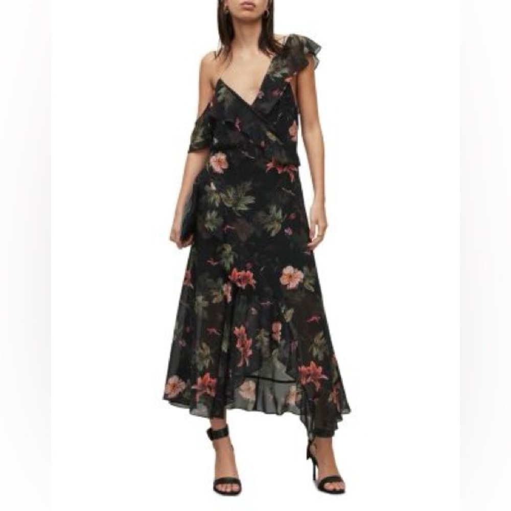 All saints Orion Viviana dress UK12/US8 nwt black floral  cold shoulder ruffle